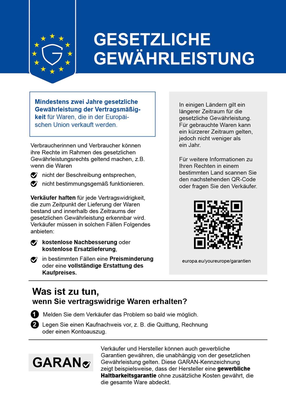 Gesetzliche Gewährleistung – EU-Pflichtinformation: mindestens zwei Jahre gesetzliche Gewährleistung für Waren, die in der Europäischen Union verkauft werden.