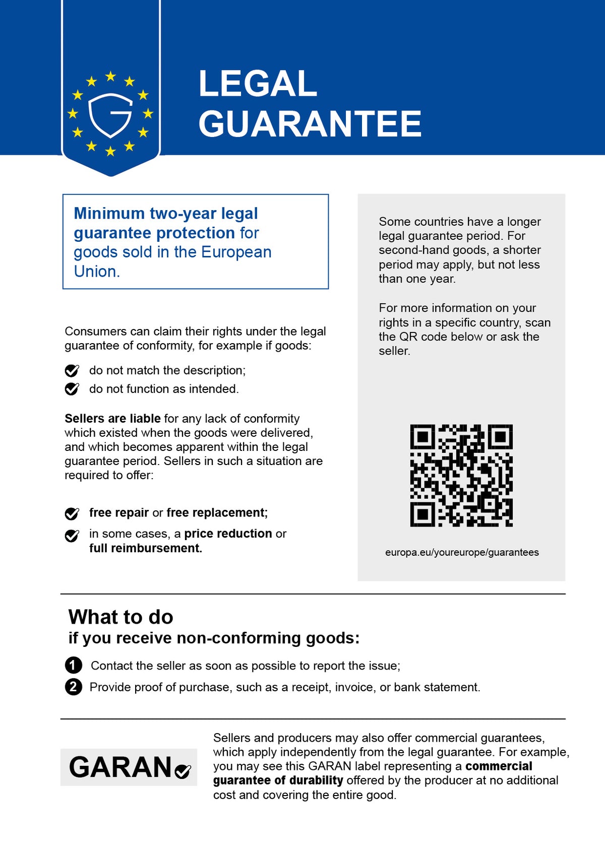 Legal guarantee – EU mandatory notice: at least two years legal guarantee of conformity for goods sold in the European Union.